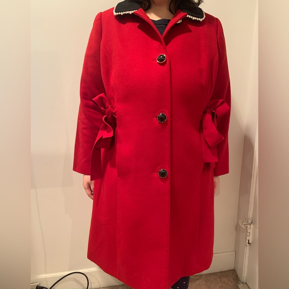 Eloquii Red Coat w Pearled Collar and Bow Side Ties Plus Size 18/20